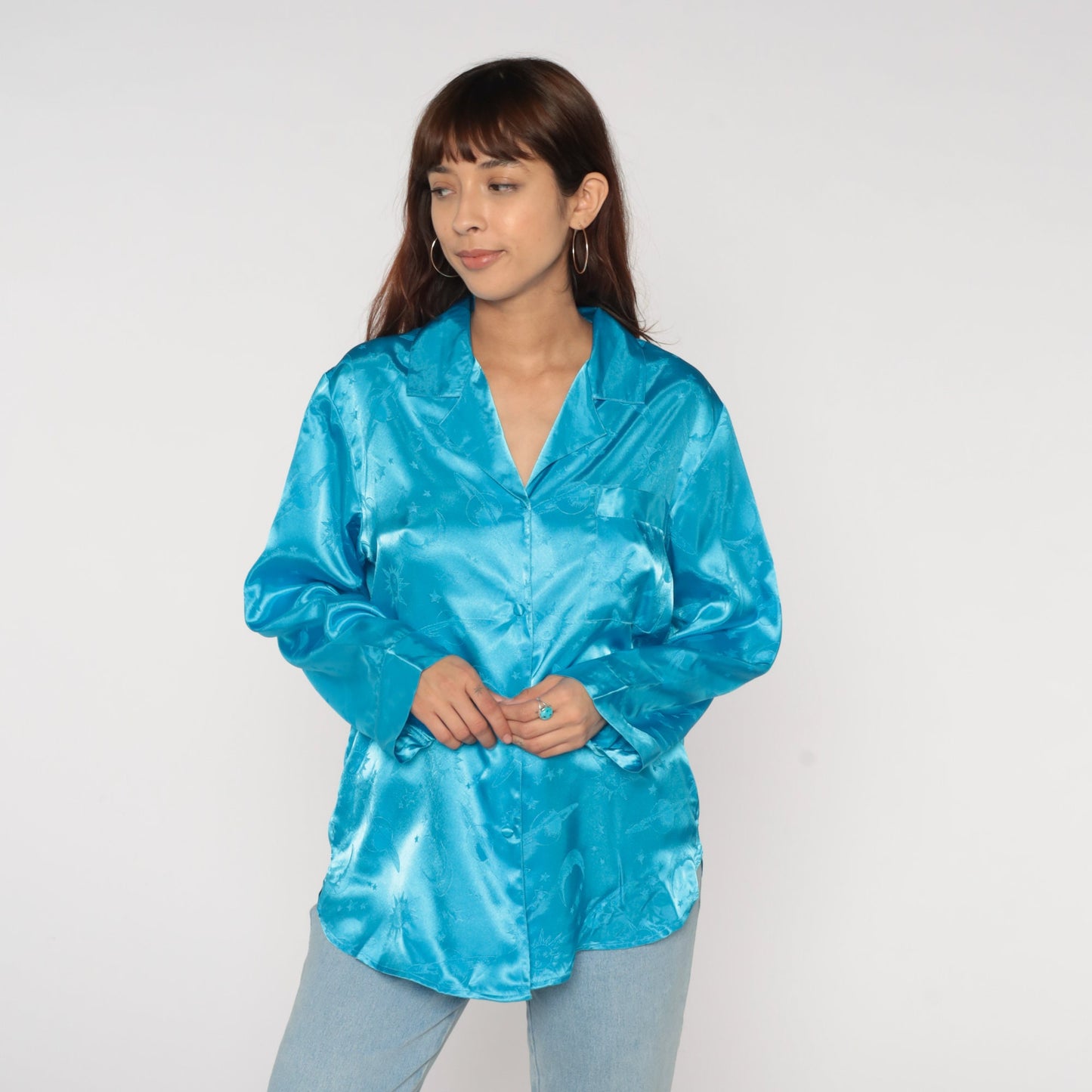 90s Celestial Pajama Top Bright Blue Satin Embossed Moon Stars Button Up Medium