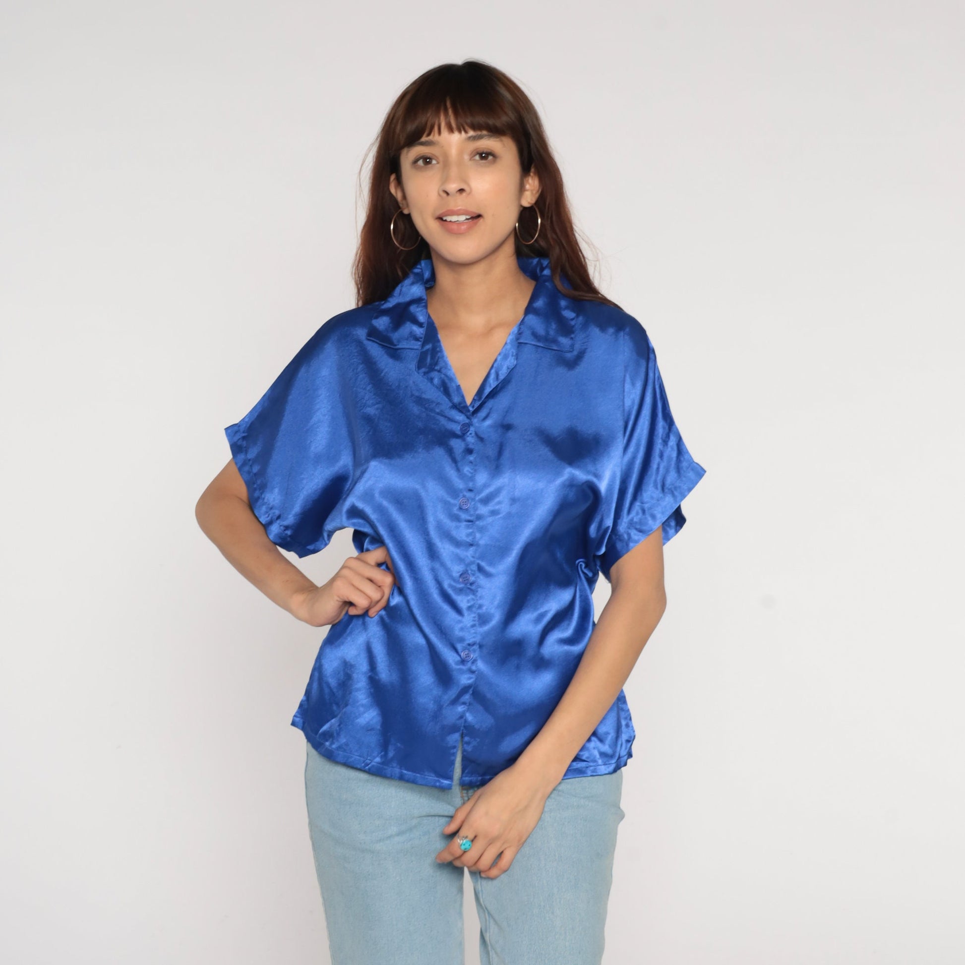 00s Blue Satin Button-Up Blouse Short Sleeve Shirt Large L