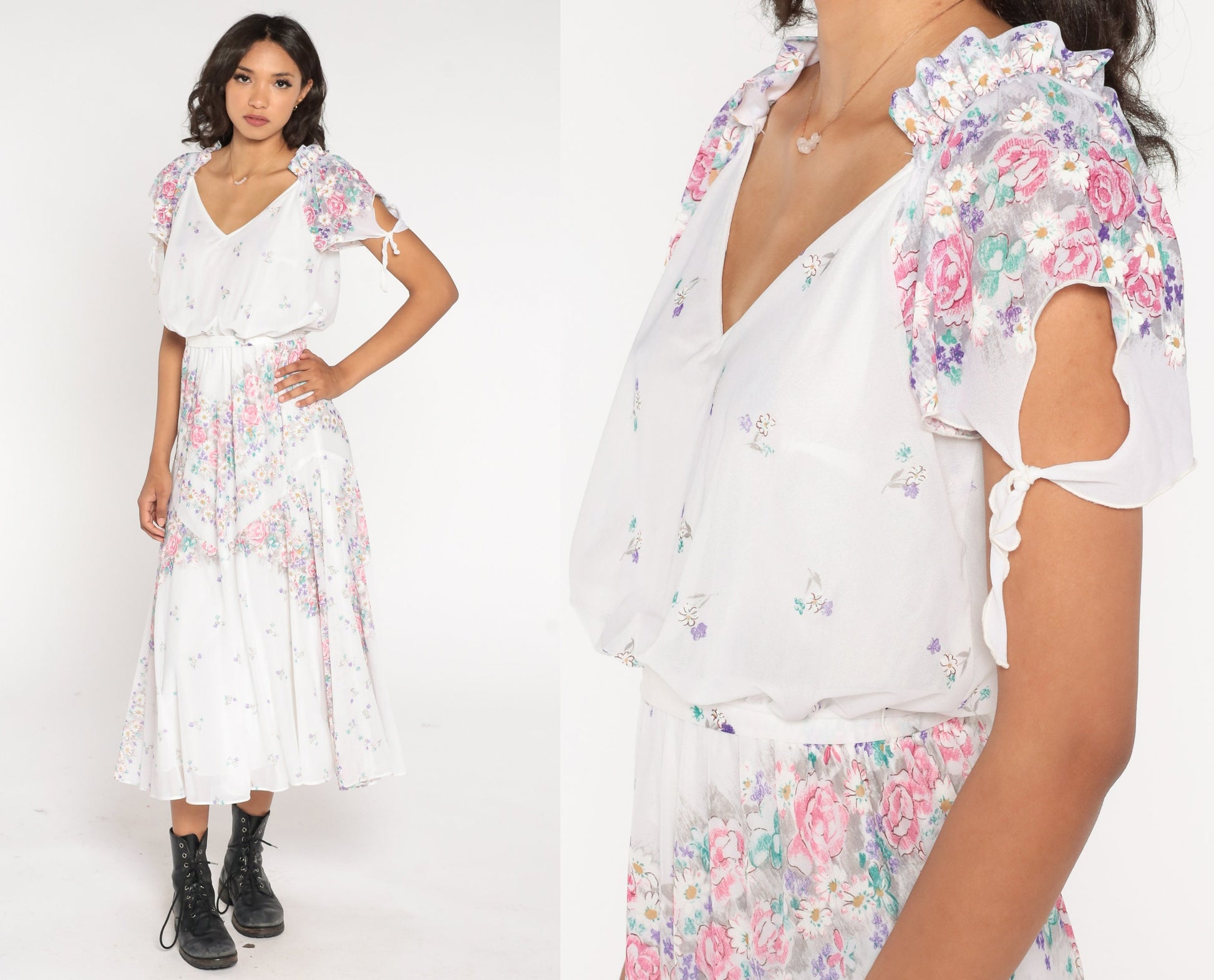 70s Floral Midi Dress White Print Flutter Sleeve Tie Waist Small Medium
