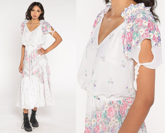 70s Floral Midi Dress White Print Flutter Sleeve Tie Waist Small Medium