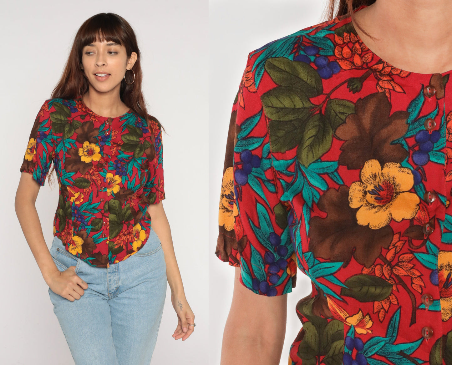 90s Red Floral Rayon Button-Up Blouse Short Sleeve Small