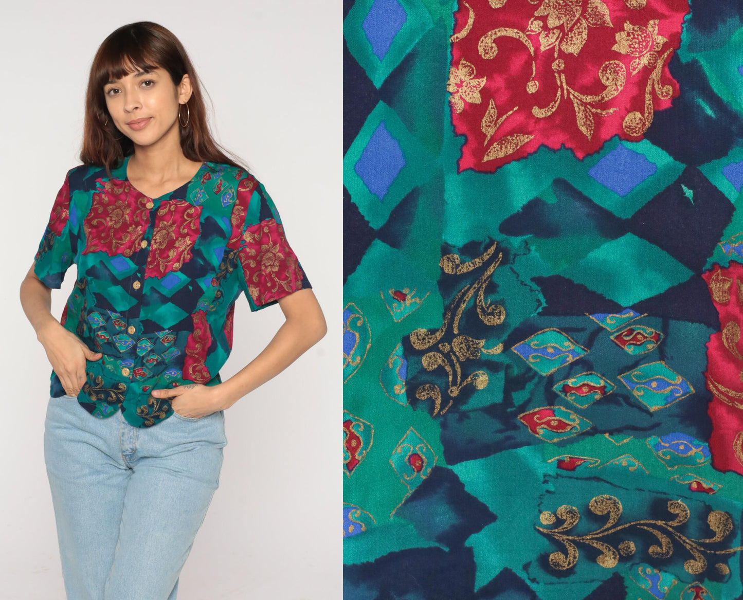90s Fritzie Abstract Floral Geometric Button-Up Blouse Short Sleeve Small