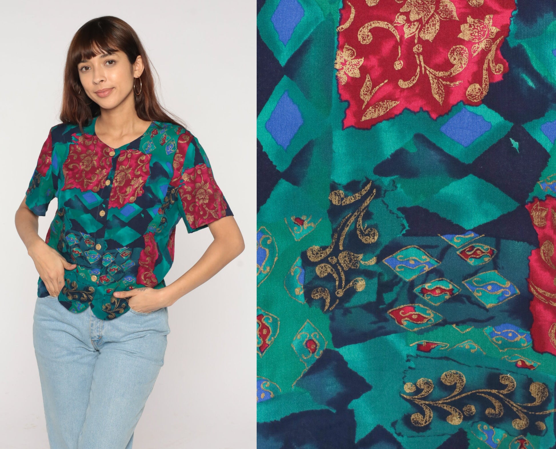90s Fritzie Abstract Floral Geometric Button-Up Blouse Short Sleeve Small