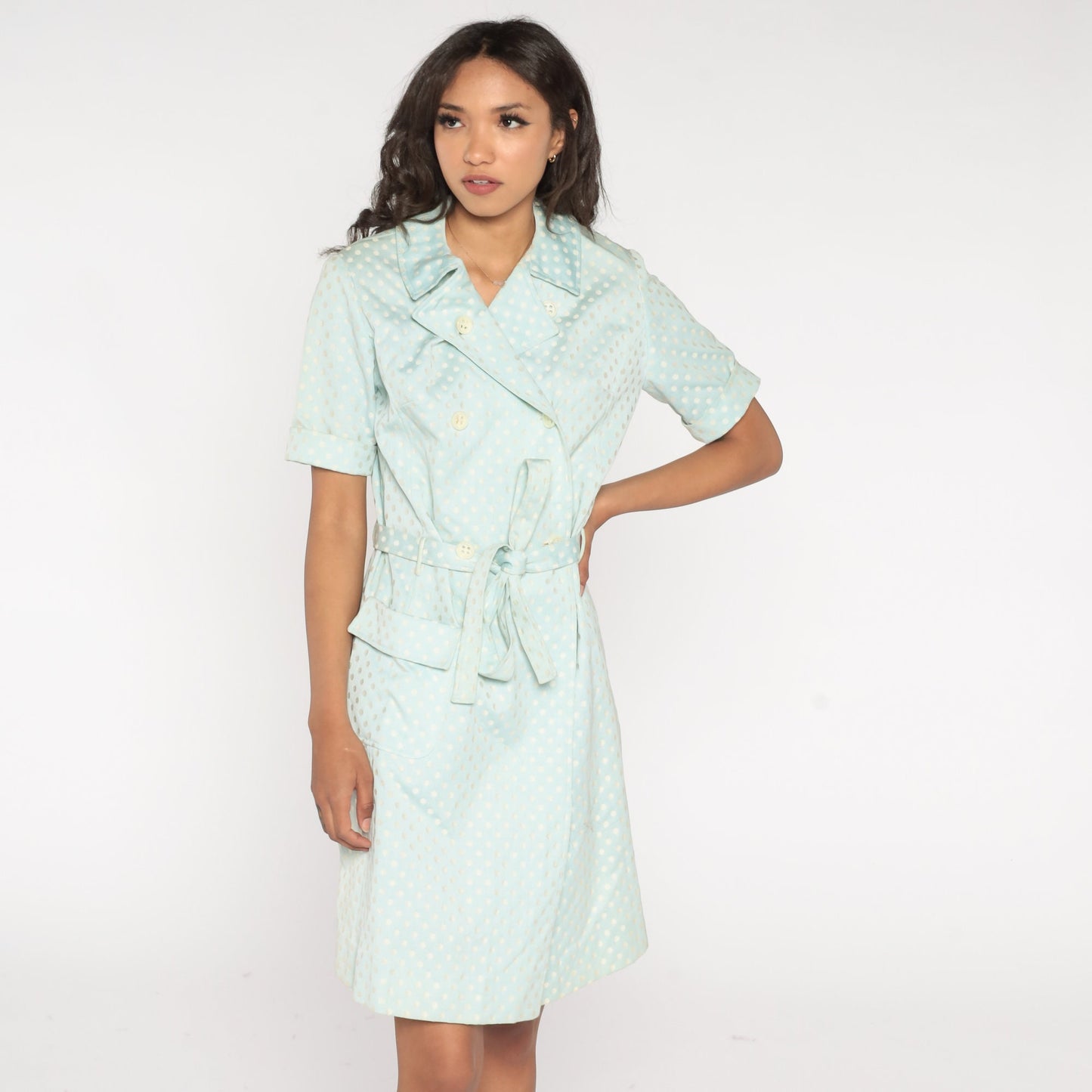 60s Baby Blue Polka Dot Mini Dress Double Breasted Button Up High Waist Medium