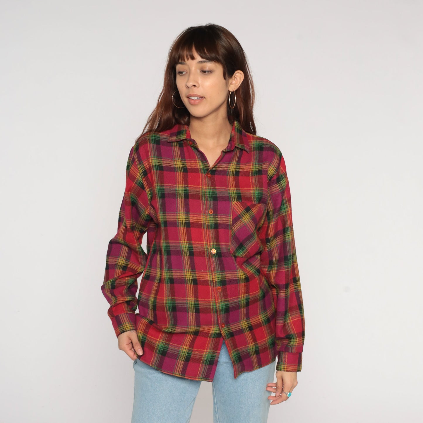 90s Red Plaid Flannel Shirt Button-Up Long Sleeve Collared Medium M