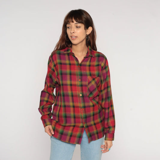 90s Red Plaid Flannel Shirt Button-Up Long Sleeve Collared Medium M