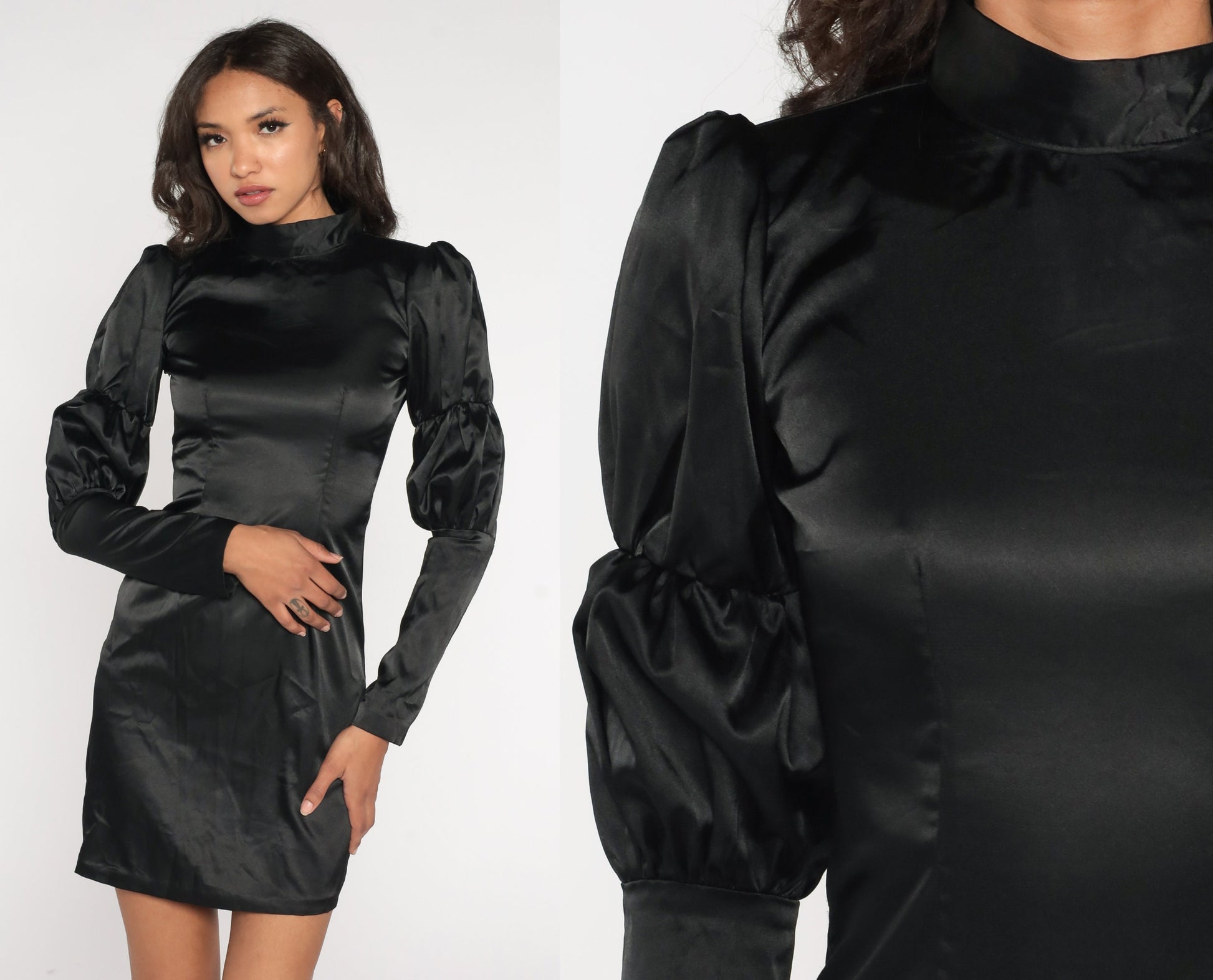 70s Black Satin Mini Dress Puff Sleeve Mock Neck Keyhole Extra Small