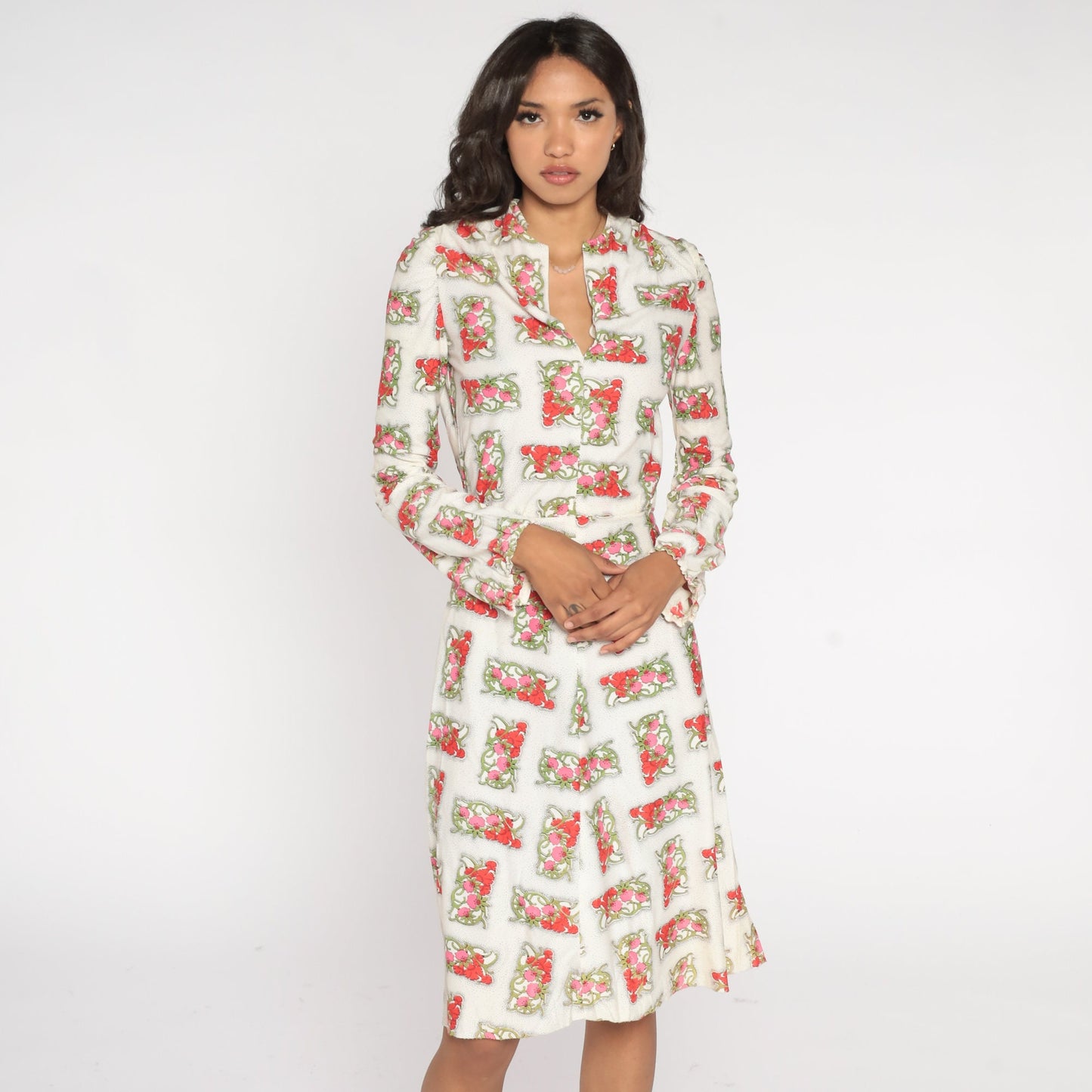 70s White Floral Midi Dress Long Sleeve V-Neck High Waisted Extra Small
