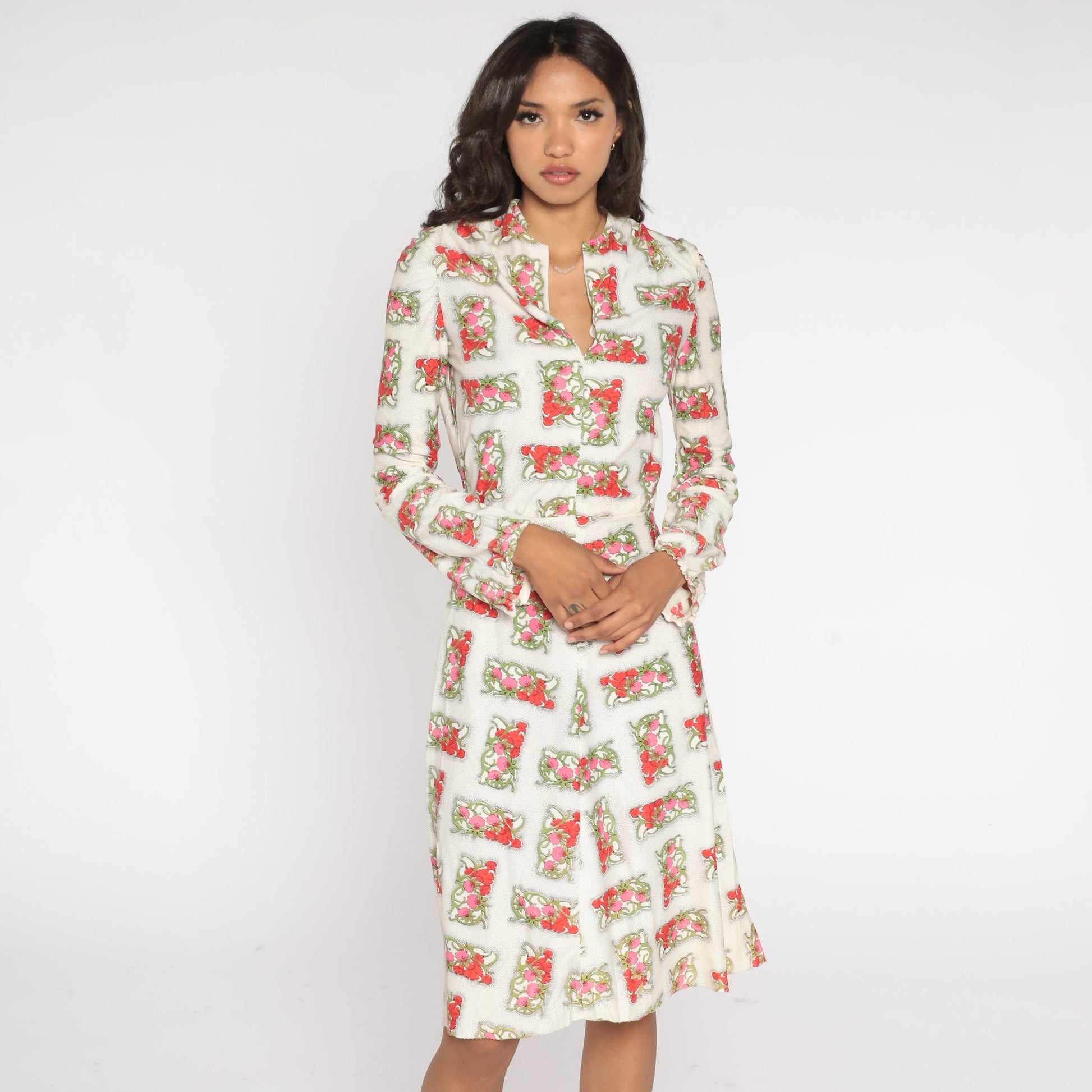 70s White Floral Midi Dress Long Sleeve V-Neck High Waisted Extra Small