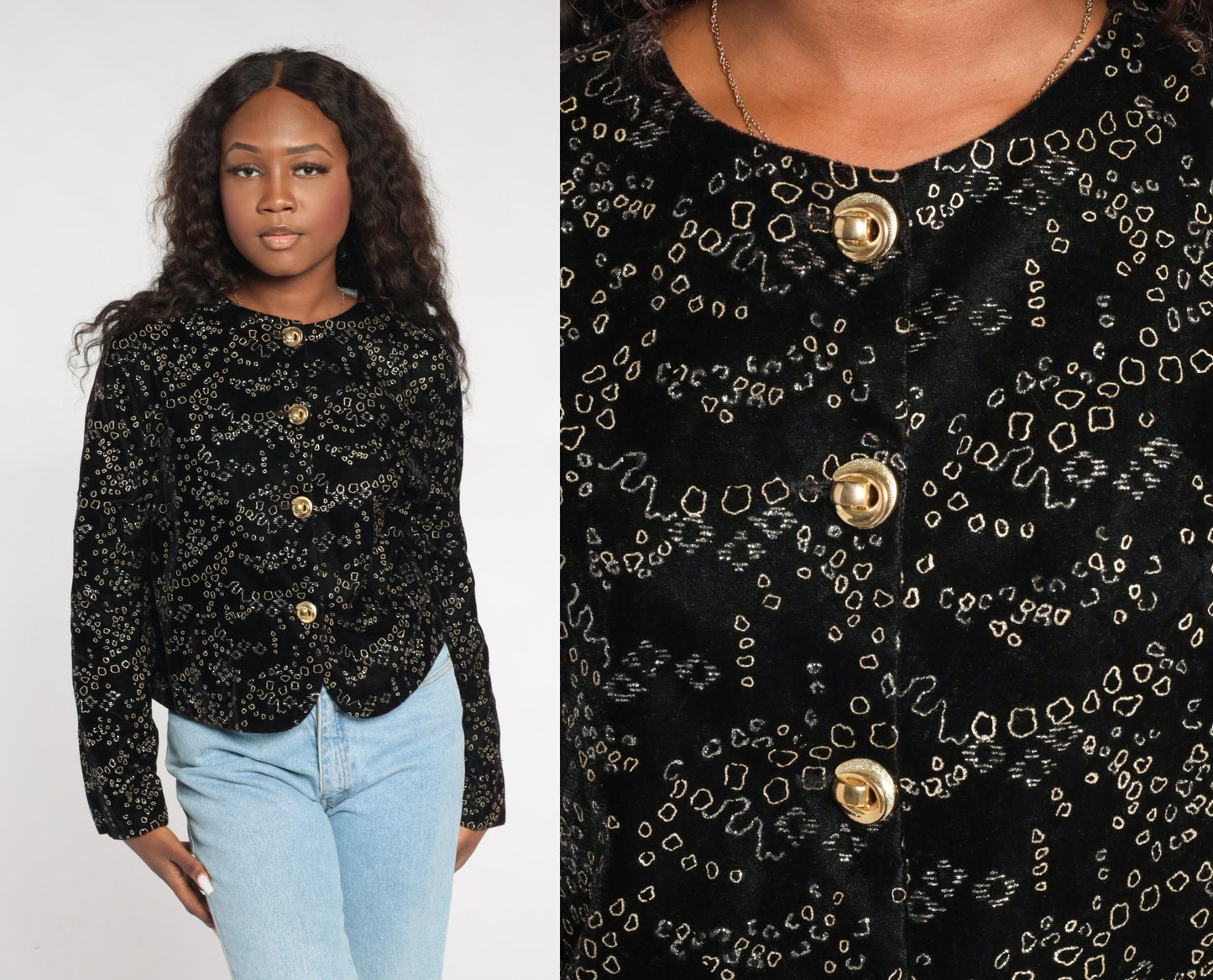 80s Black Velvet Blazer Gold Abstract Metallic Button-Up Medium M