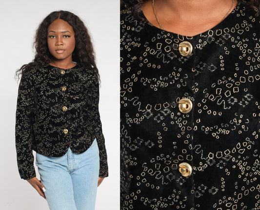 80s Black Velvet Blazer Gold Abstract Metallic Button-Up Medium M