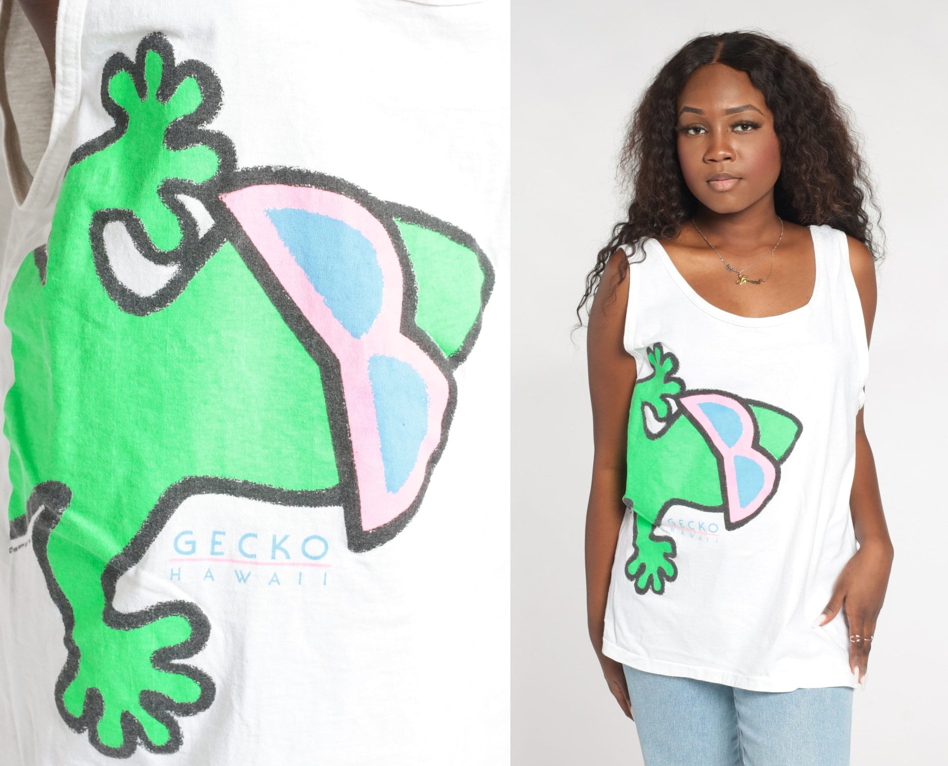 90s Gecko Hawaii Tank Top White Graphic Lizard Sleeveless Tee Large