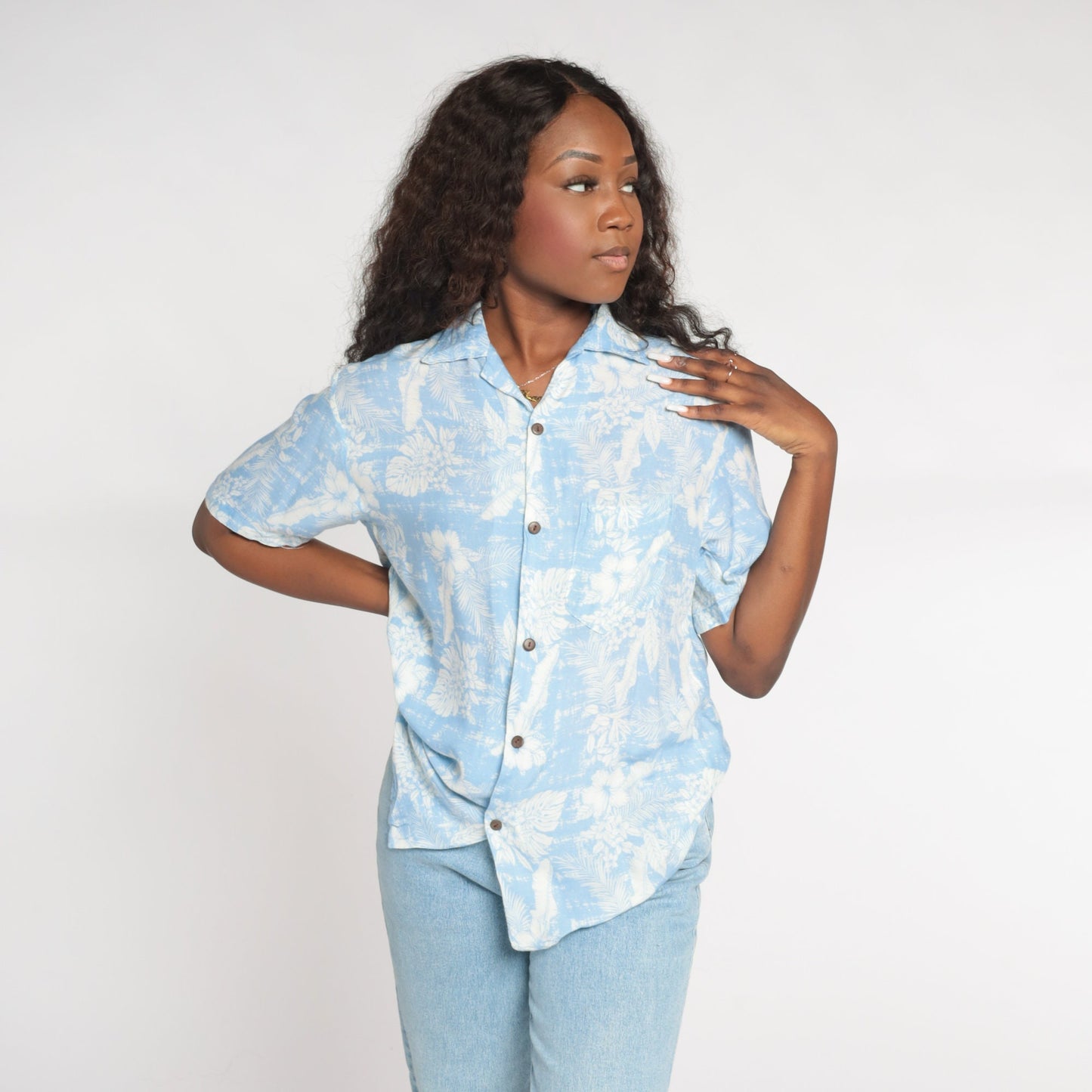 Y2K Blue Hawaiian Shirt Tropical Floral Leaf Print Button Up Small S