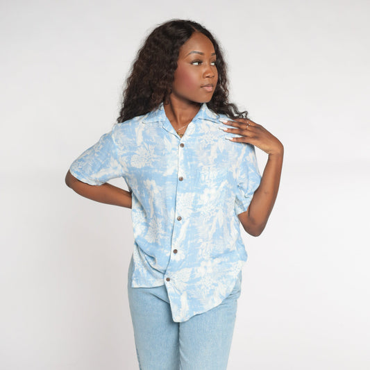 Y2K Blue Hawaiian Shirt Tropical Floral Leaf Print Button Up Small S