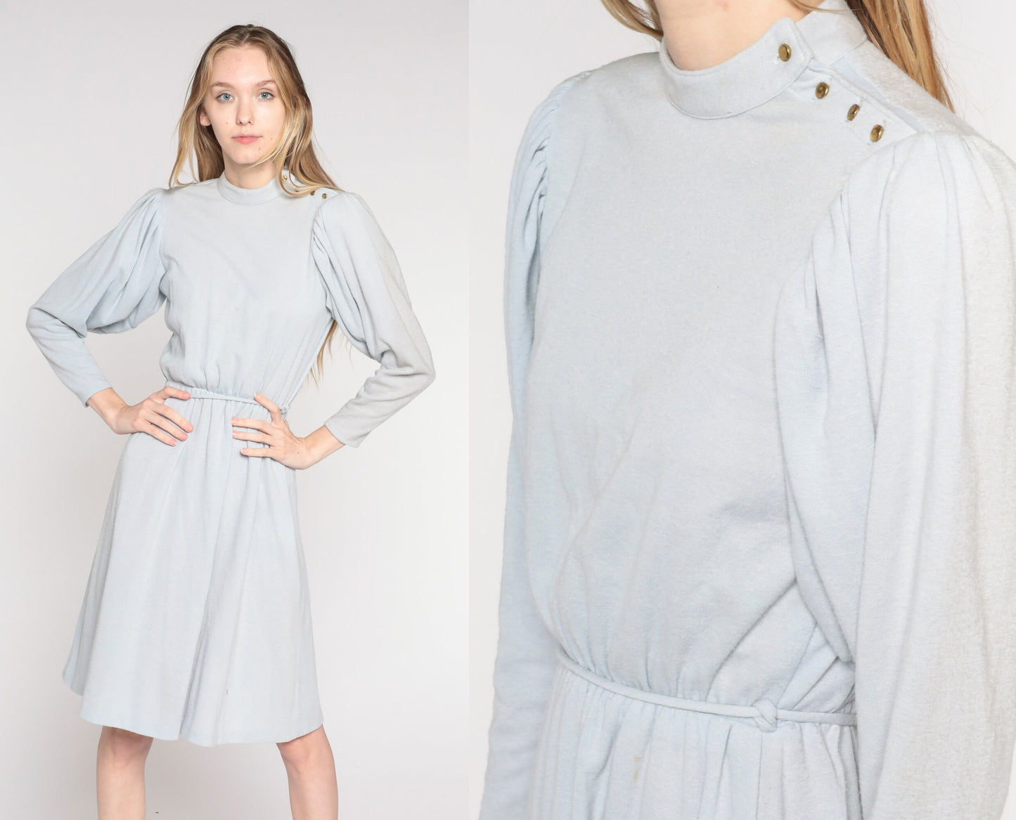 80s Byer Too Puff Sleeve Midi Dress Blue-Grey High Waist Small