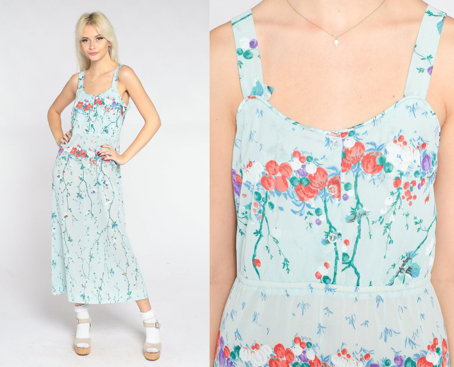 70s Baby Blue Floral Midi Dress Asian Inspired Bird Branch Print Sleeveless Small