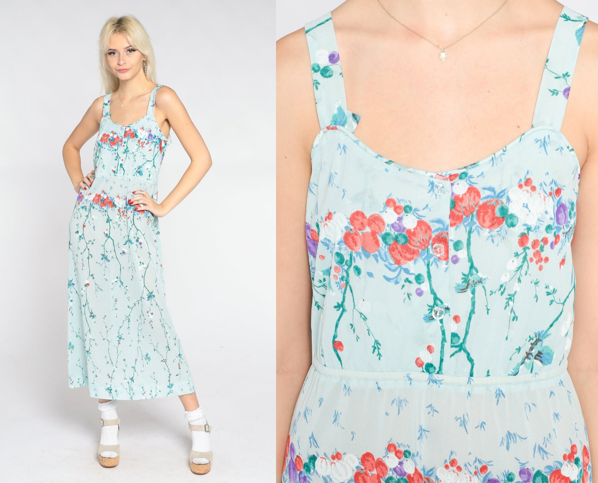 70s Baby Blue Floral Midi Dress Asian Inspired Bird Branch Print Sleeveless Small