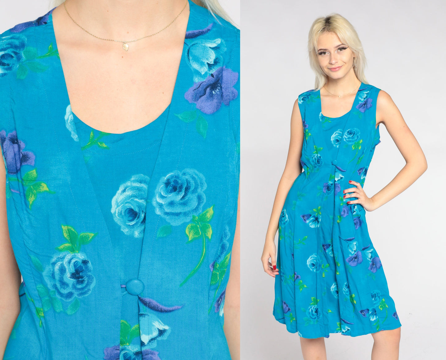 90s Blue Floral Mini Dress Sleeveless A-Line Scoop Neck Large Petite
