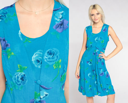 90s Blue Floral Mini Dress Sleeveless A-Line Scoop Neck Large Petite