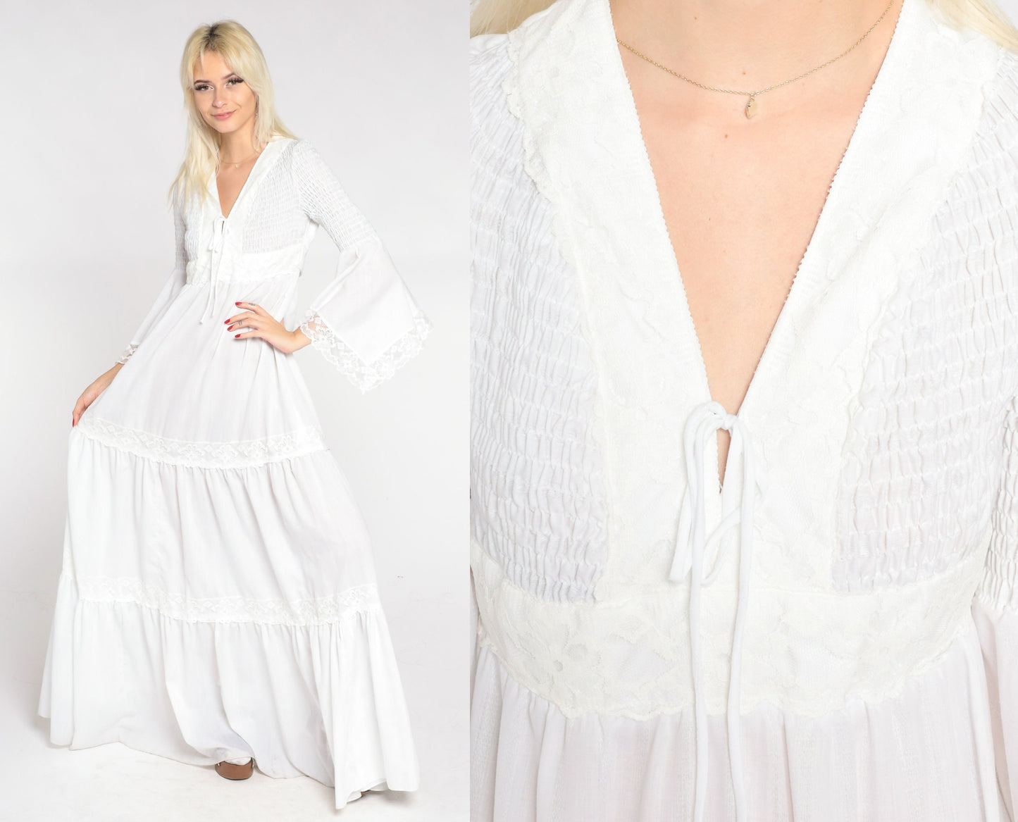 70s White Maxi Dress Angel Bell Sleeve V Neck Empire Waist Smocked Small