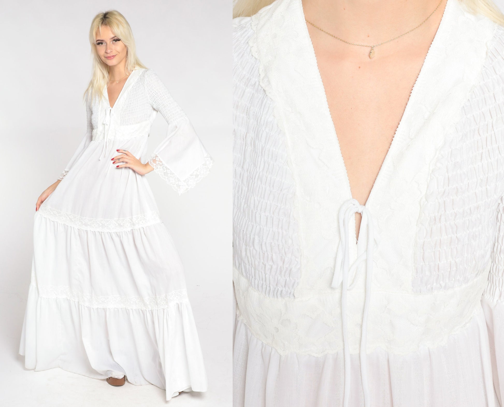 70s White Maxi Dress Angel Bell Sleeve V Neck Empire Waist Smocked Small