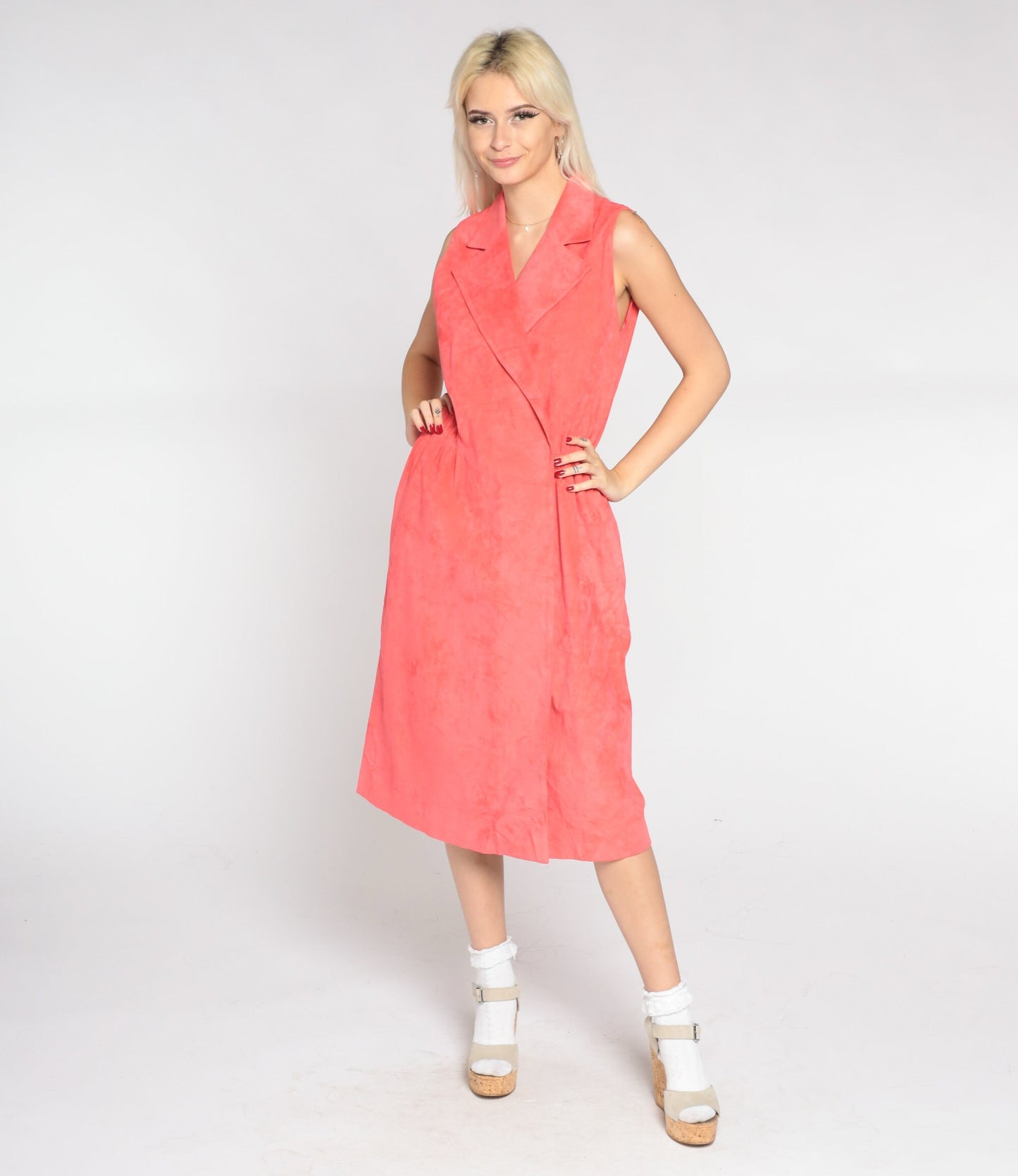 80s Salmon Pink Faux Suede Midi Dress Collared V-Neck Wrap High Waist Medium Large