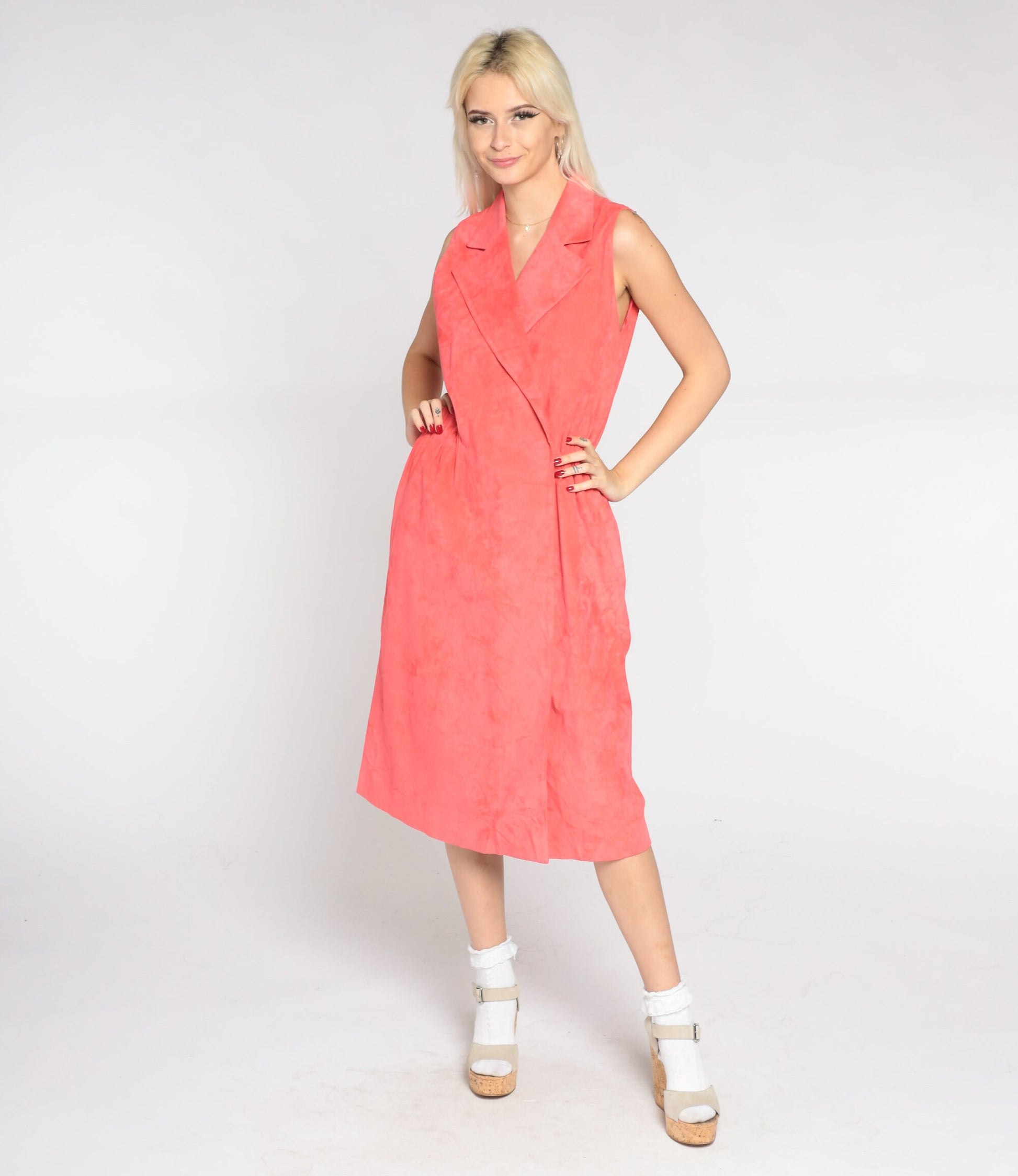 80s Salmon Pink Faux Suede Midi Dress Collared V-Neck Wrap High Waist Medium Large