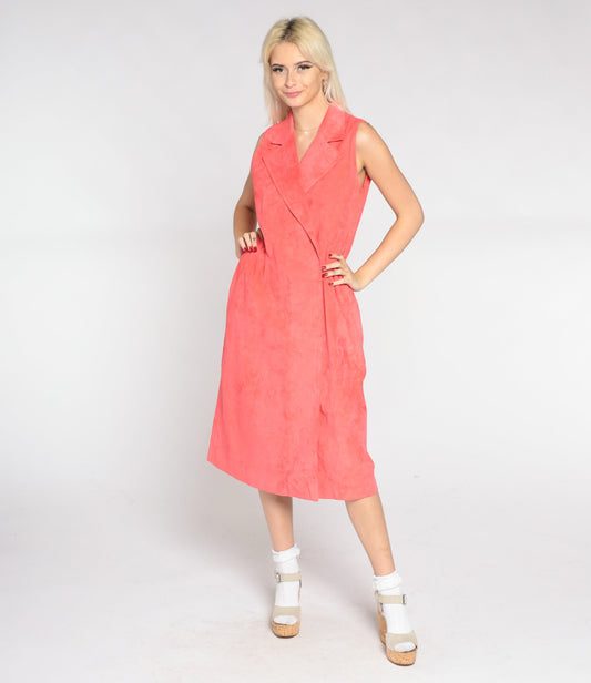 80s Salmon Pink Faux Suede Midi Dress Collared V-Neck Wrap High Waist Medium Large
