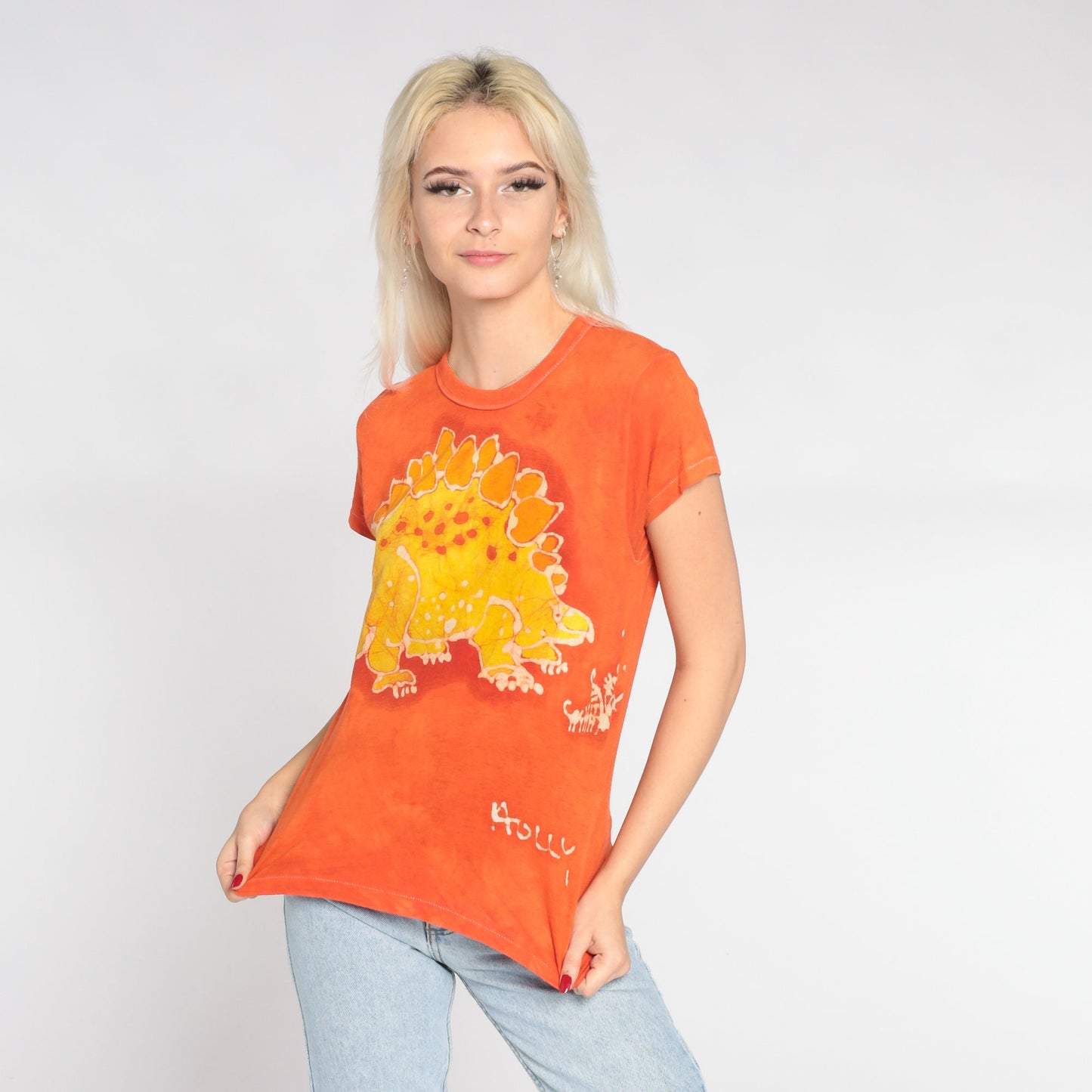 80s Stegosaurus Dinosaur Tie Dye Graphic T-Shirt Holly Orange Single Stitch XS