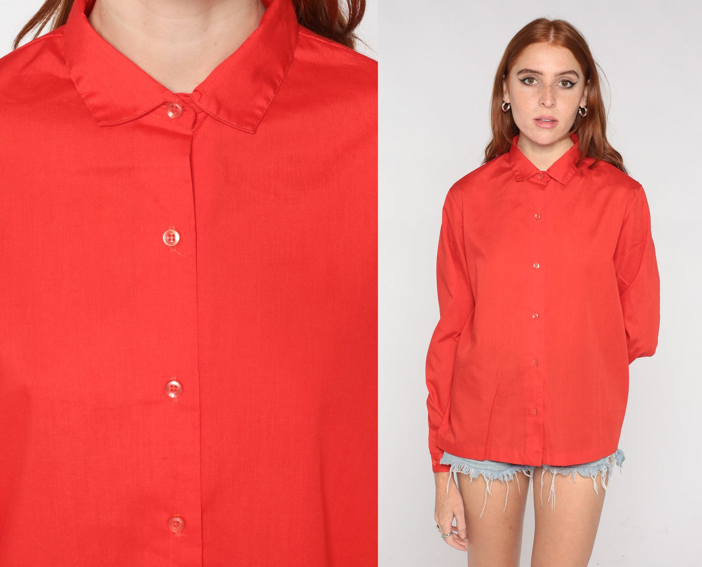 80s Red Button-Up Blouse Collared Long Sleeve Shirt Medium