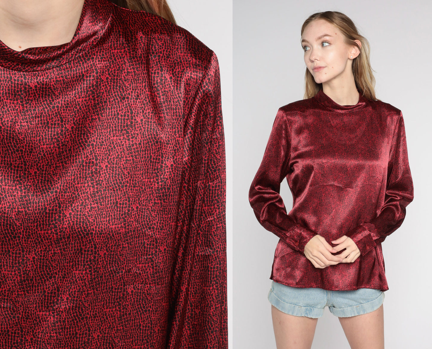 Y2K Dark Red Abstract Dot Print Long Sleeve Blouse Mock Neck Medium 8