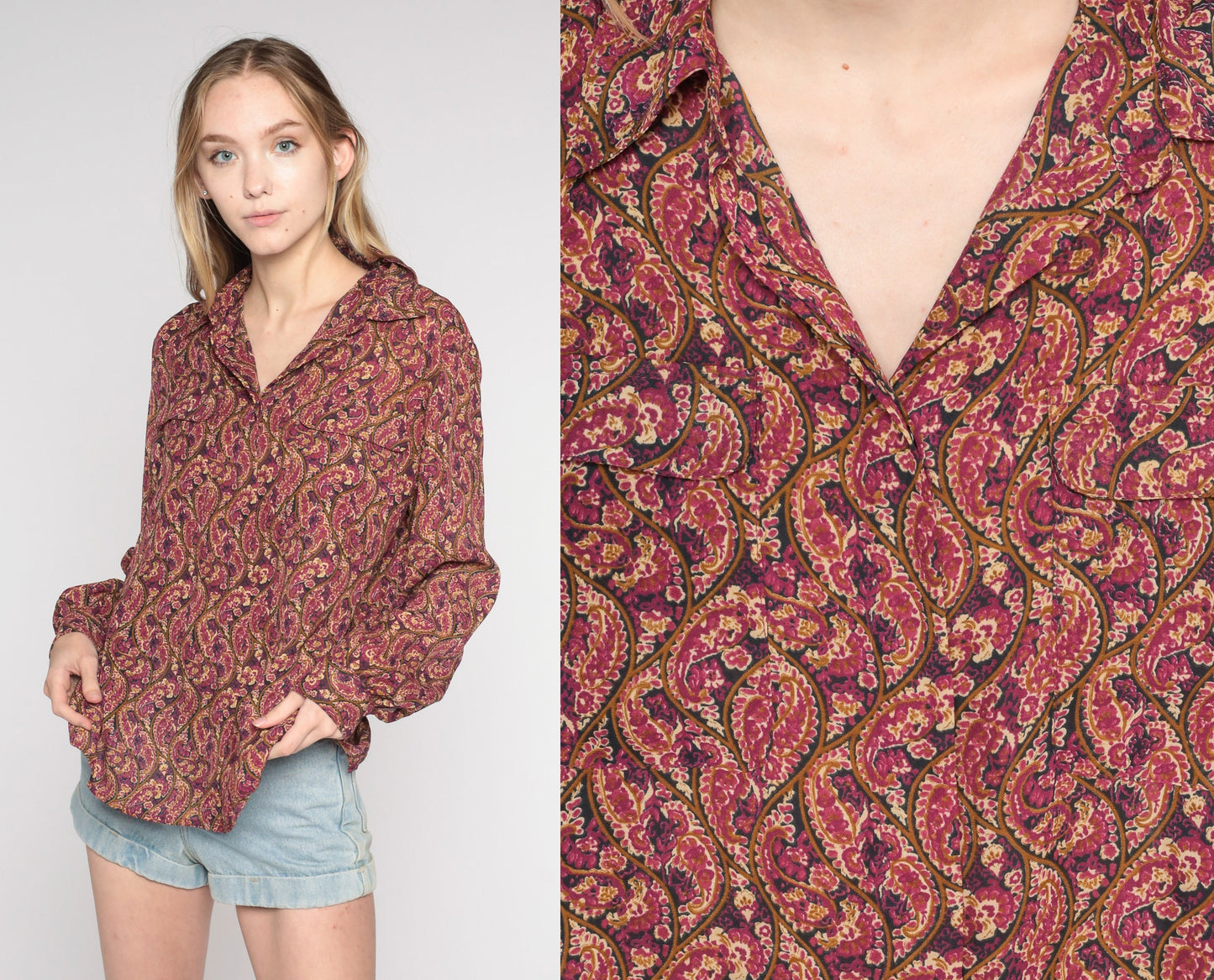 90s Paisley Button-Up Blouse Long Sleeve Purple Pink Tan Medium