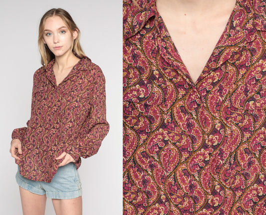 90s Paisley Button-Up Blouse Long Sleeve Purple Pink Tan Medium
