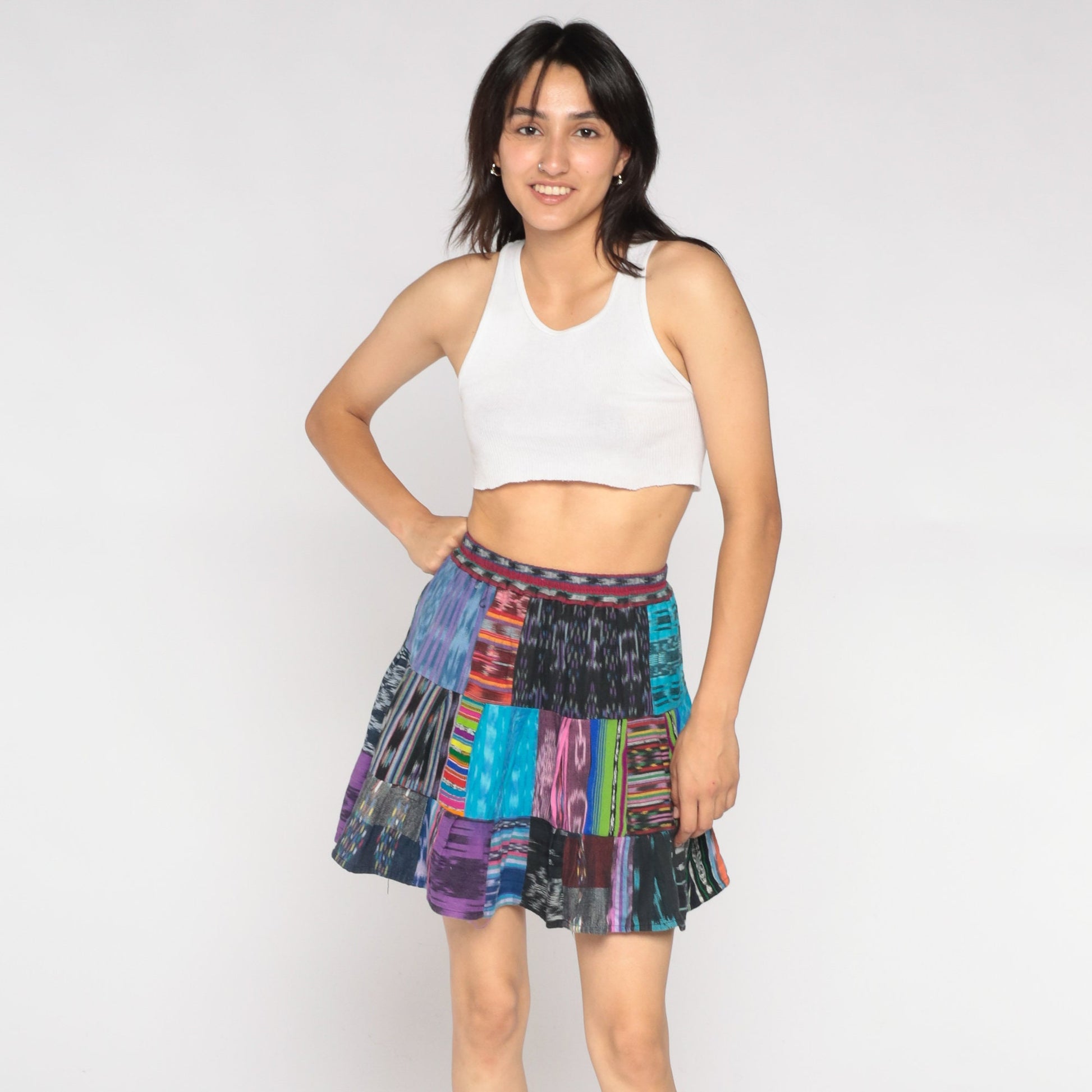 Y2K Patchwork Mini Skirt High Waist Tiered Cotton Extra Small