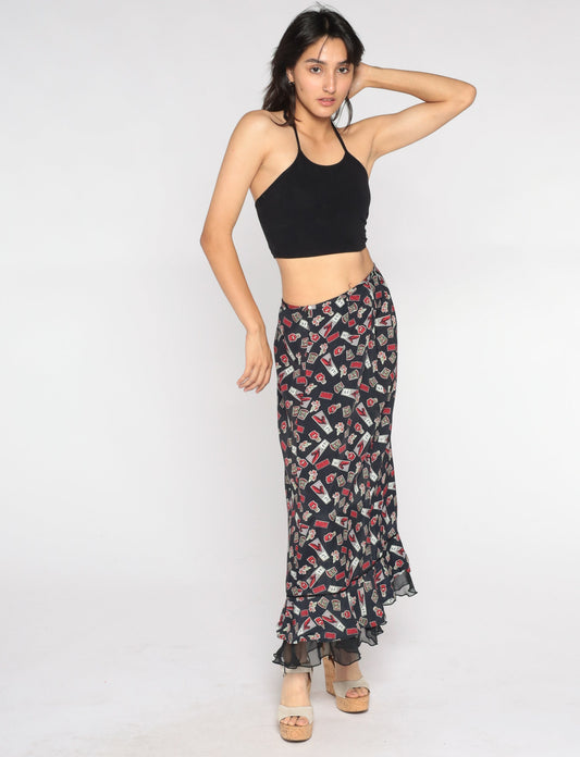 00s Wild Horse Maxi Skirt Black High Waist Ruffled Hem Small