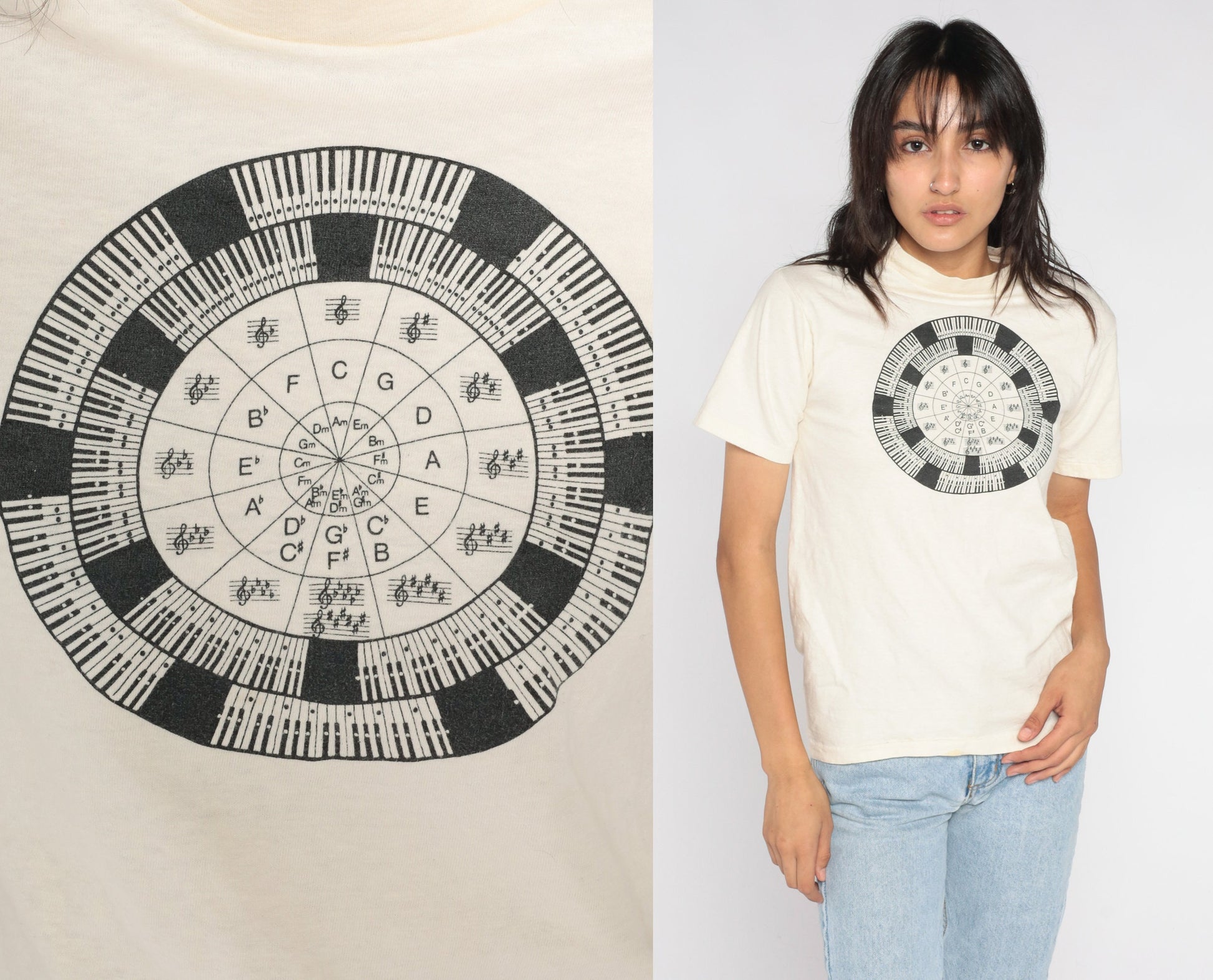 90s Circle of Fifths Music Theory Graphic T-Shirt Cream Cotton Small S