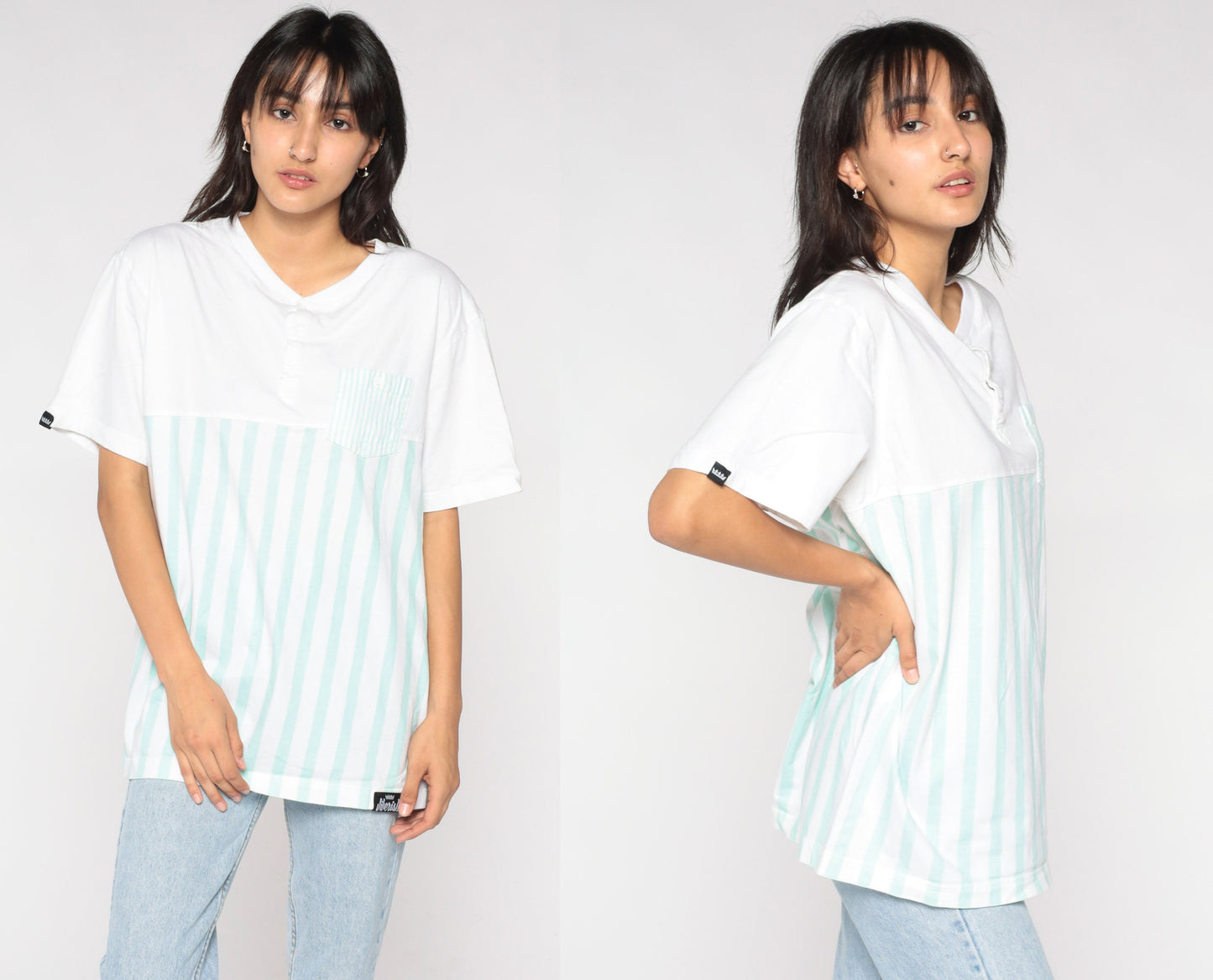 90s Striped Henley Shirt White Mint Green Short Sleeve Button Pocket Tee Large