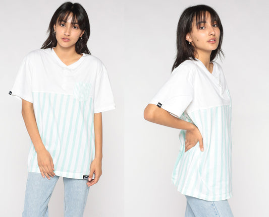 90s Striped Henley Shirt White Mint Green Short Sleeve Button Pocket Tee Large