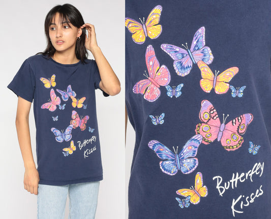 90s Butterfly Kisses Graphic T-Shirt Blue Nature Print Small S