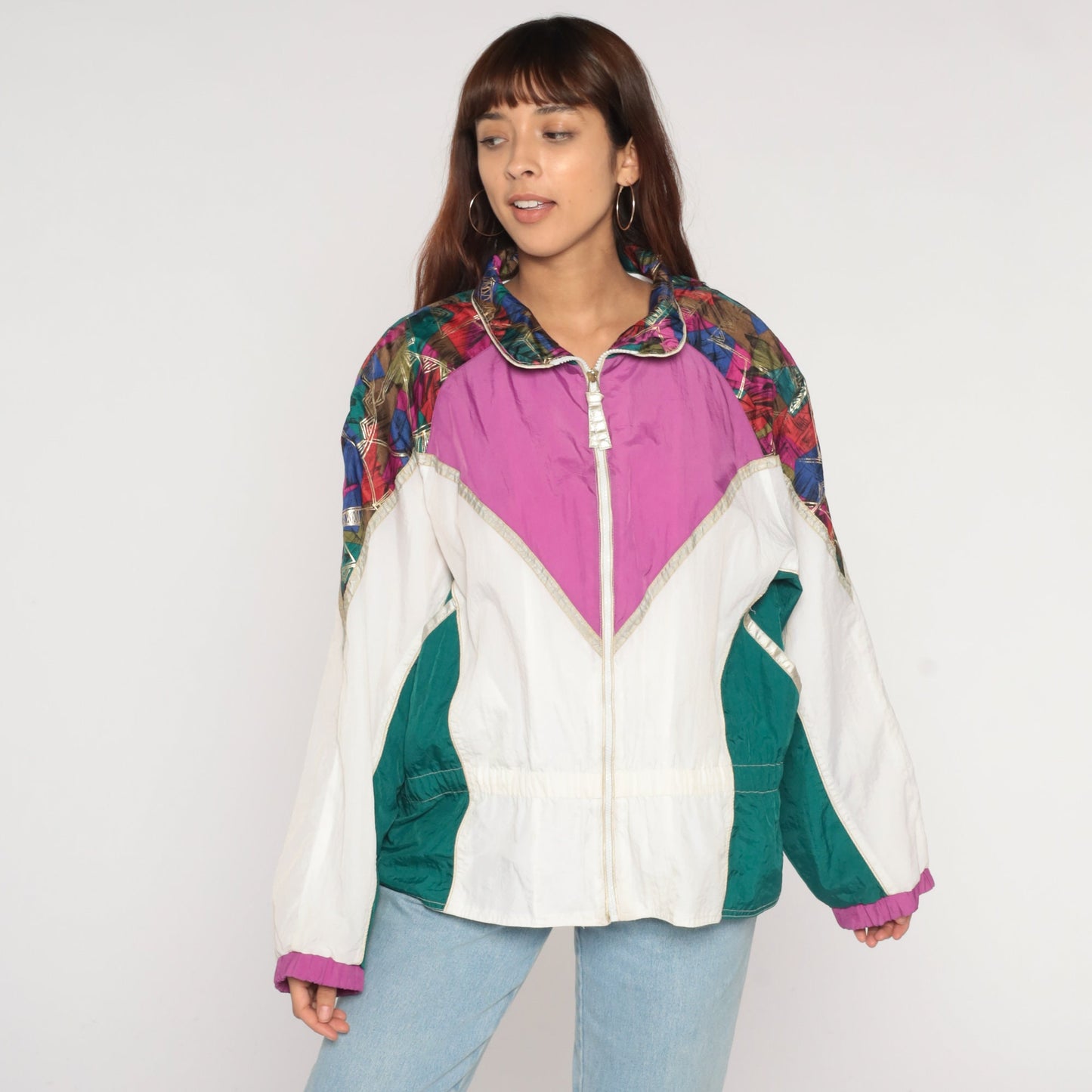 90s Color Block Windbreaker Zip Up Jacket Purple White Green Abstract Nylon Large