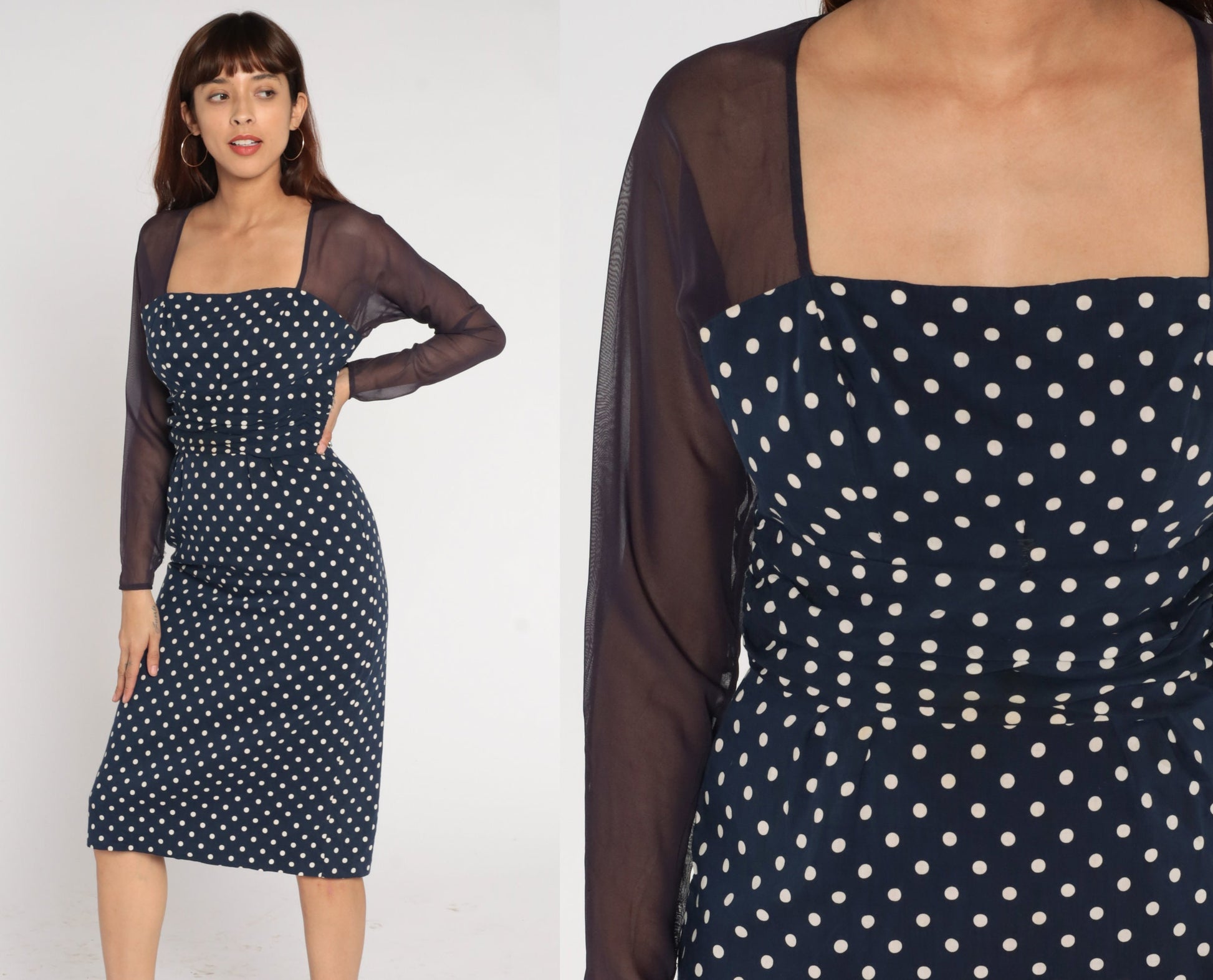 1960s Navy Polka Dot Midi Pencil Dress Sheer Sleeve Keyhole Small