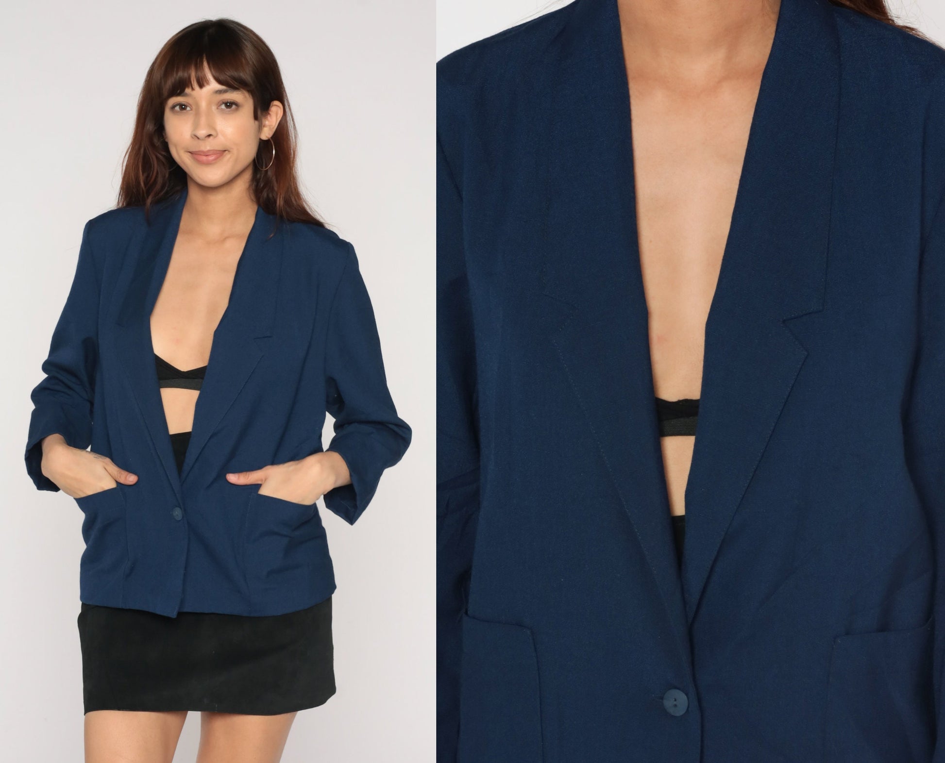 90s Navy Blazer Button-Up Jacket Structured Single-Breasted Small