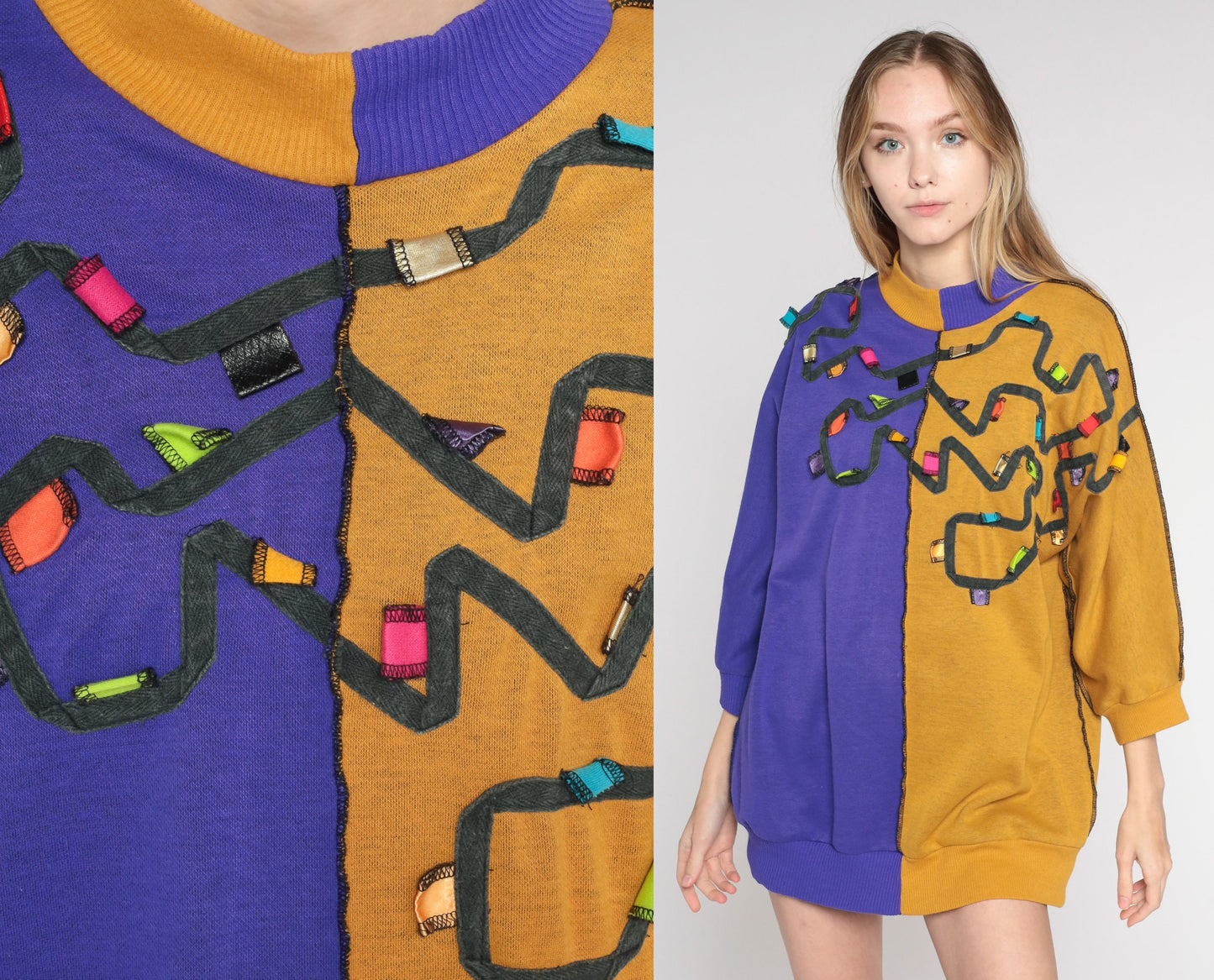 80s Color Block Sweatshirt Purple Mustard Crewneck Pullover Medium M