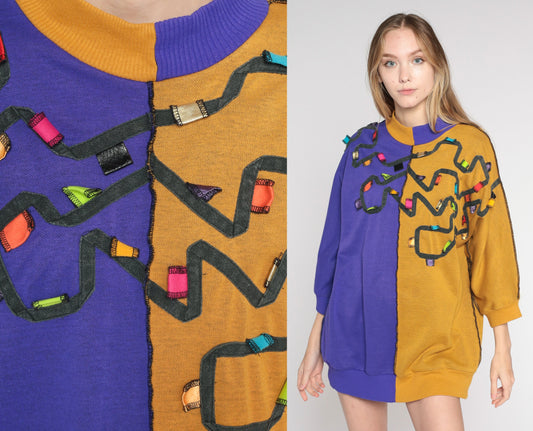 80s Color Block Sweatshirt Purple Mustard Crewneck Pullover Medium M