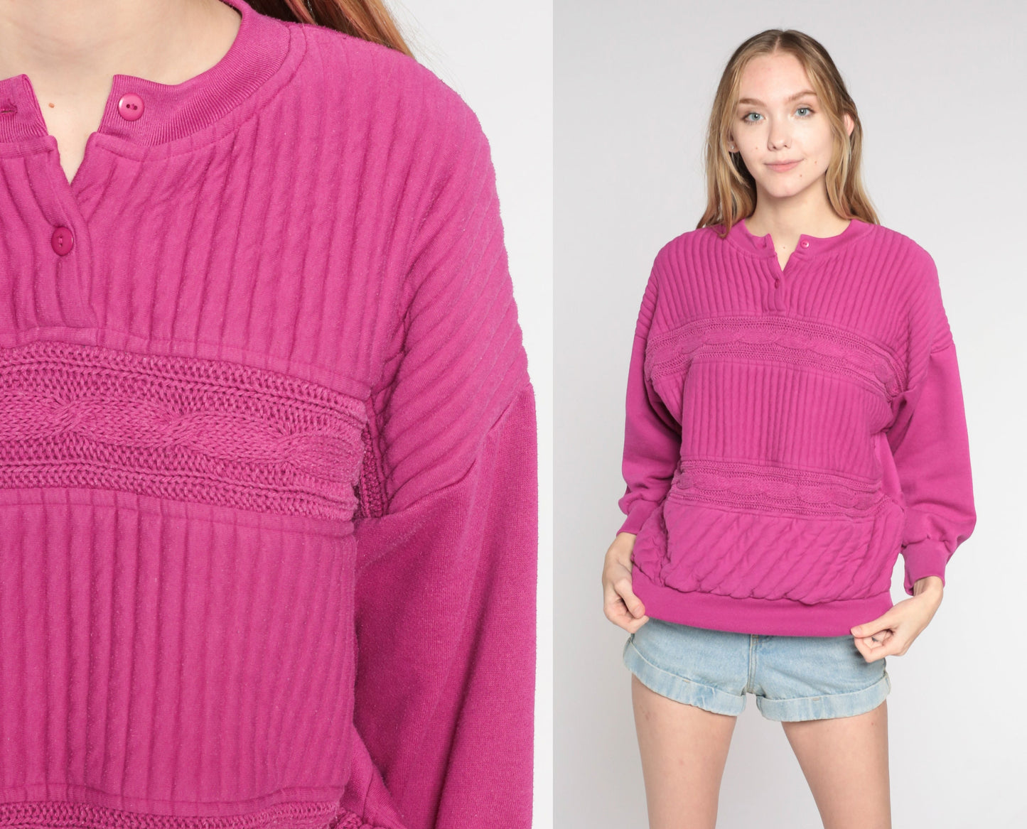 90s Quilted Cable Knit Sweatshirt Fuchsia Henley Pullover Medium M