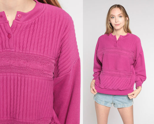 90s Quilted Cable Knit Sweatshirt Fuchsia Henley Pullover Medium M