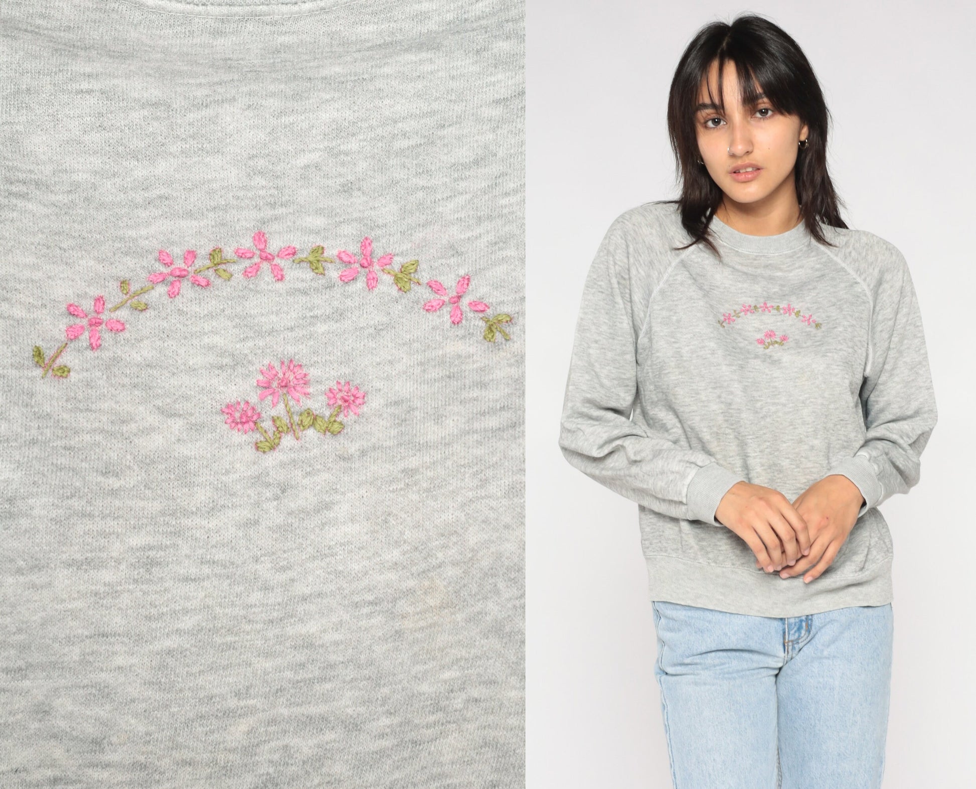 90s Floral Embroidered Sweatshirt Heather Grey Raglan Crewneck Small