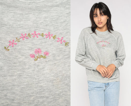 90s Floral Embroidered Sweatshirt Heather Grey Raglan Crewneck Small
