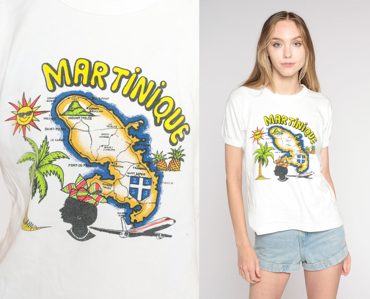 80s Martinique Map Graphic T-Shirt Single Stitch White Small