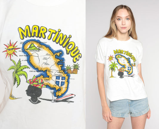80s Martinique Map Graphic T-Shirt Single Stitch White Small